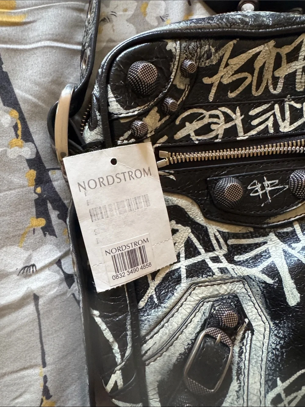 Balenciaga Black and White Graffiti Leather Crossbody Bag